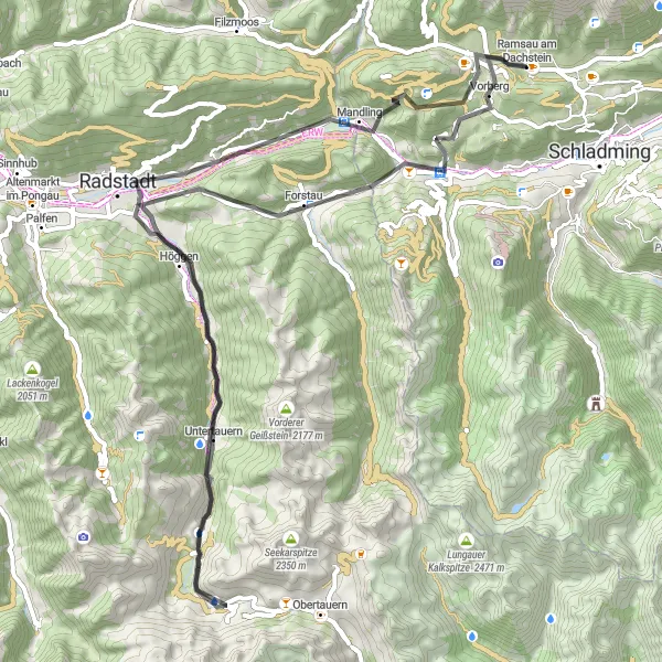 Miniatua del mapa de inspiración ciclista "Ruta de ciclismo de 72 km en carretera cerca de Ramsau am Dachstein" en Steiermark, Austria. Generado por Tarmacs.app planificador de rutas ciclistas