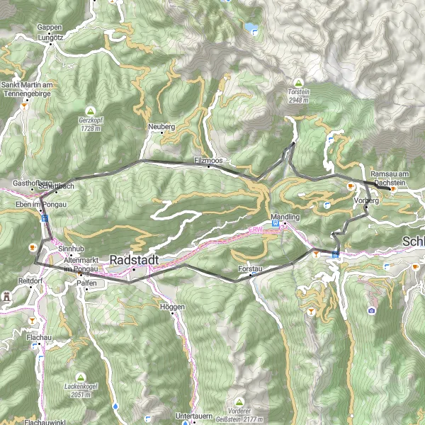 Karttaminiaatyyri "Ramsau am Dachstein - Altenmarkt im Pongau" pyöräilyinspiraatiosta alueella Steiermark, Austria. Luotu Tarmacs.app pyöräilyreittisuunnittelijalla