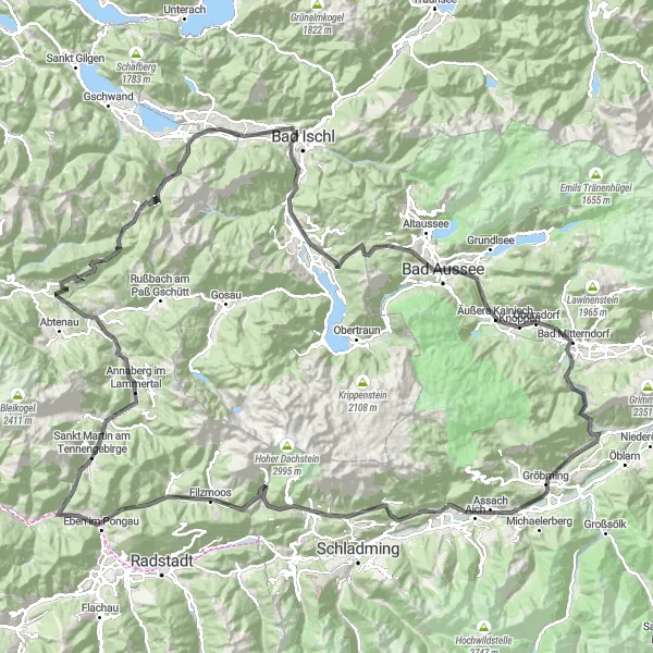 Miniatua del mapa de inspiración ciclista "Ruta por carretera Ramsau am Dachstein - Bad Ischl" en Steiermark, Austria. Generado por Tarmacs.app planificador de rutas ciclistas