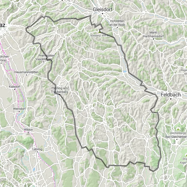 Kartminiatyr av "Graz til Vasoldsberg Rundtur" sykkelinspirasjon i Steiermark, Austria. Generert av Tarmacs.app sykkelrutoplanlegger