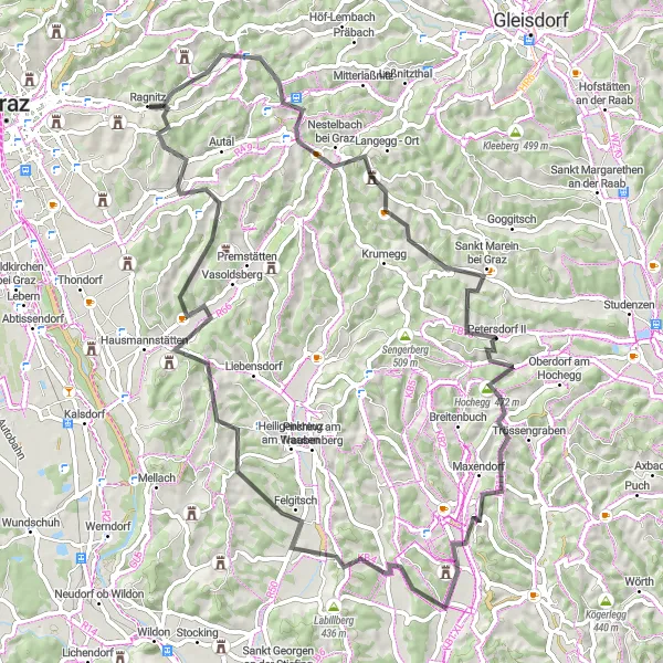 Kartminiatyr av "Rundtur til Ries og omegn" sykkelinspirasjon i Steiermark, Austria. Generert av Tarmacs.app sykkelrutoplanlegger