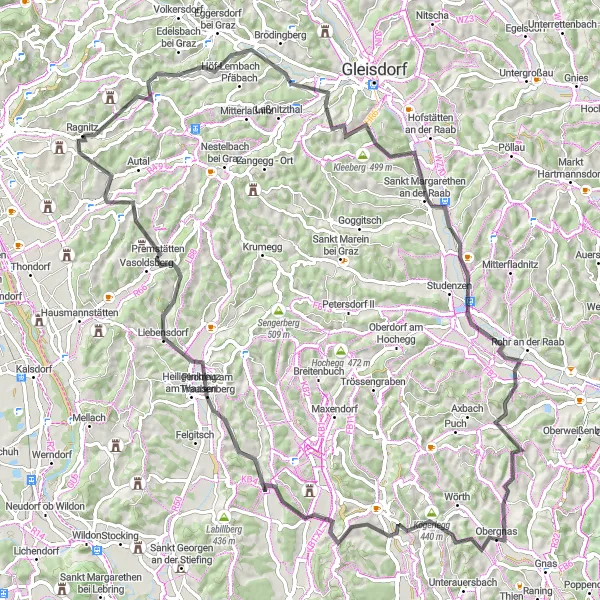 Karttaminiaatyyri "Schweinberg-Kainbach bei Graz-Vasoldsberg-Kerscheck Maantiekiertue" pyöräilyinspiraatiosta alueella Steiermark, Austria. Luotu Tarmacs.app pyöräilyreittisuunnittelijalla