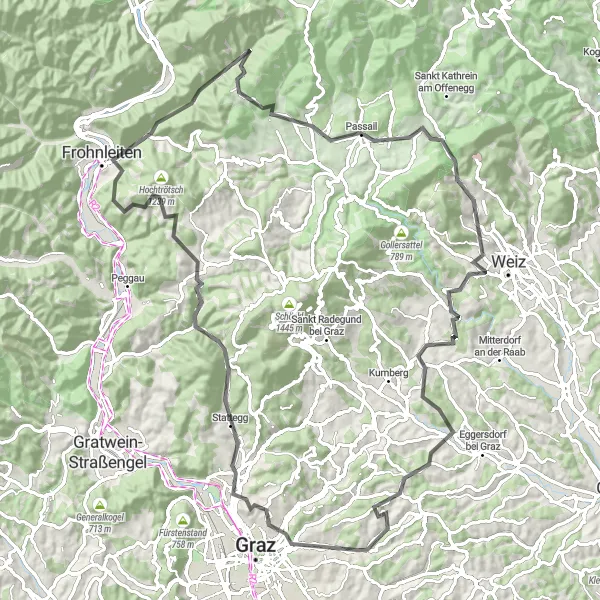 Miniatua del mapa de inspiración ciclista "Ascenso desafiante de Reinerkogel a Hart-Purgstall en 98 km" en Steiermark, Austria. Generado por Tarmacs.app planificador de rutas ciclistas