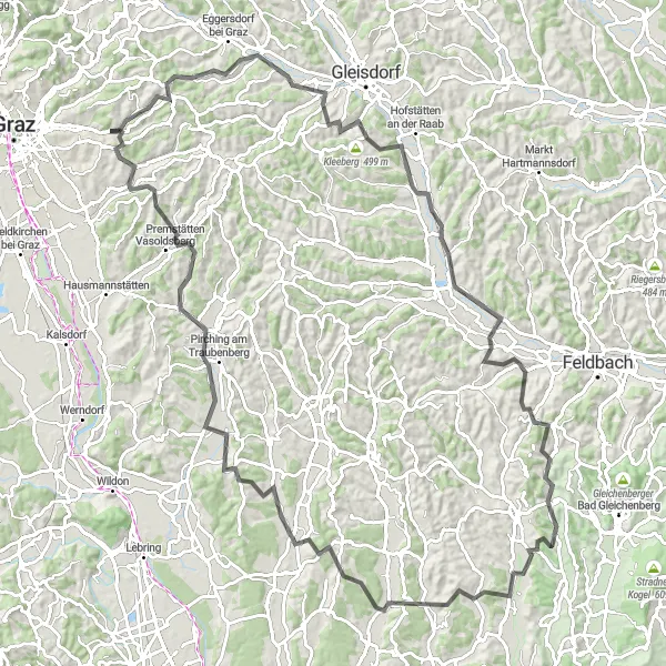 Miniatua del mapa de inspiración ciclista "Recorrido escénico desde Kainbach bei Graz a Pirching am Traubenberg" en Steiermark, Austria. Generado por Tarmacs.app planificador de rutas ciclistas