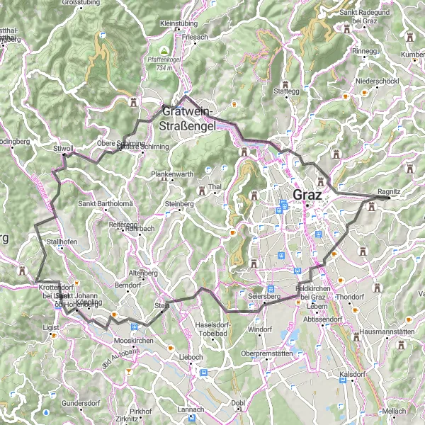 Miniatura della mappa di ispirazione al ciclismo "Giro in bicicletta Straße 80 km" nella regione di Steiermark, Austria. Generata da Tarmacs.app, pianificatore di rotte ciclistiche