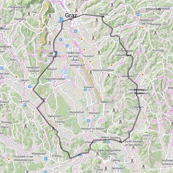 Miniatua del mapa de inspiración ciclista "Explorando la Región de Graz" en Steiermark, Austria. Generado por Tarmacs.app planificador de rutas ciclistas