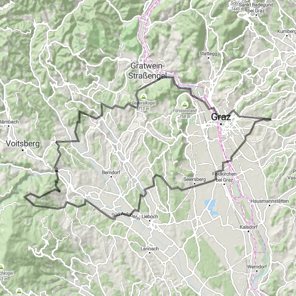 Miniaturní mapa "Výzva okolo Grazu" inspirace pro cyklisty v oblasti Steiermark, Austria. Vytvořeno pomocí plánovače tras Tarmacs.app