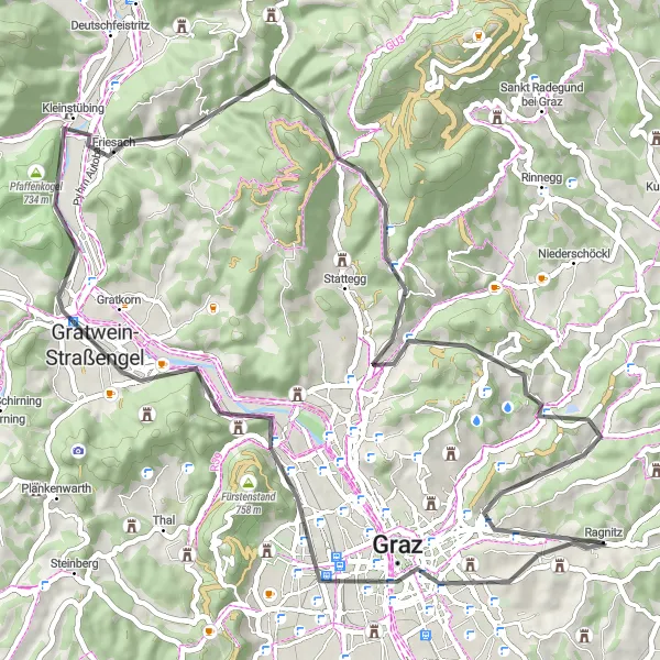 Miniaturekort af cykelinspirationen "Opdagelser langs cykelruten i Graz" i Steiermark, Austria. Genereret af Tarmacs.app cykelruteplanlægger