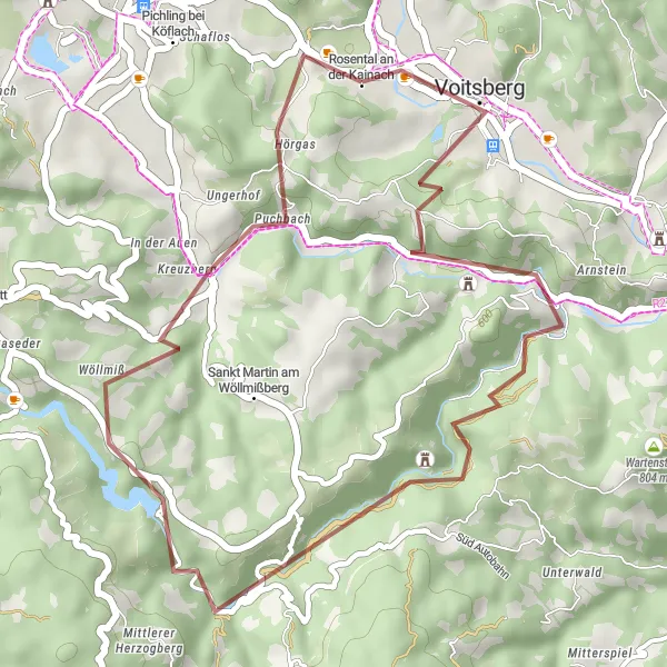 Karttaminiaatyyri "Rosental an der Kainach – Voitsberg – Rosental an der Kainach" pyöräilyinspiraatiosta alueella Steiermark, Austria. Luotu Tarmacs.app pyöräilyreittisuunnittelijalla