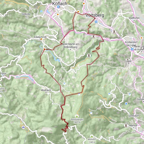 Miniatua del mapa de inspiración ciclista "Ruta de 61km en gravilla desde Rosental an der Kainach" en Steiermark, Austria. Generado por Tarmacs.app planificador de rutas ciclistas