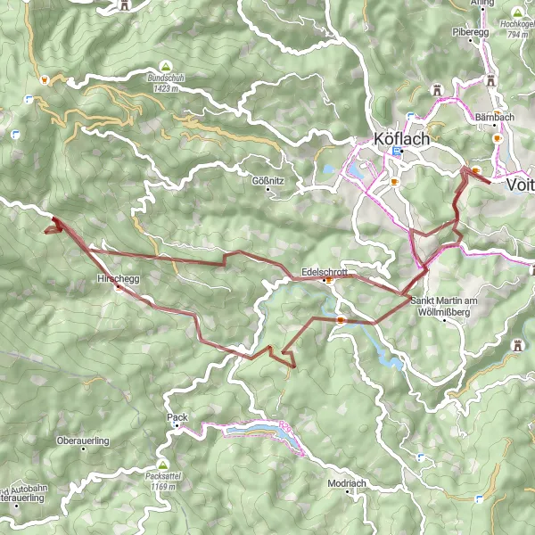 Miniatua del mapa de inspiración ciclista "Ruta de 53km en gravilla desde Rosental an der Kainach" en Steiermark, Austria. Generado por Tarmacs.app planificador de rutas ciclistas