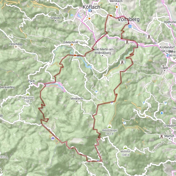 Miniaturní mapa "Trasa kolem Rosental an der Kainach" inspirace pro cyklisty v oblasti Steiermark, Austria. Vytvořeno pomocí plánovače tras Tarmacs.app