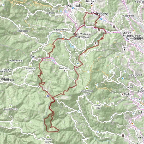 Miniatuurkaart van de fietsinspiratie "Gravelroute door Voitsberg en Burgruine Alt-Leonroth" in Steiermark, Austria. Gemaakt door de Tarmacs.app fietsrouteplanner