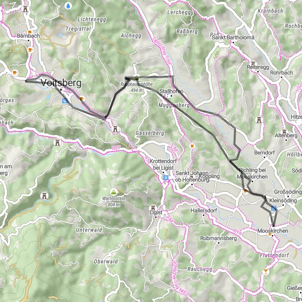 Miniatua del mapa de inspiración ciclista "Ruta de bicicleta de 40km en carretera desde Rosental an der Kainach" en Steiermark, Austria. Generado por Tarmacs.app planificador de rutas ciclistas