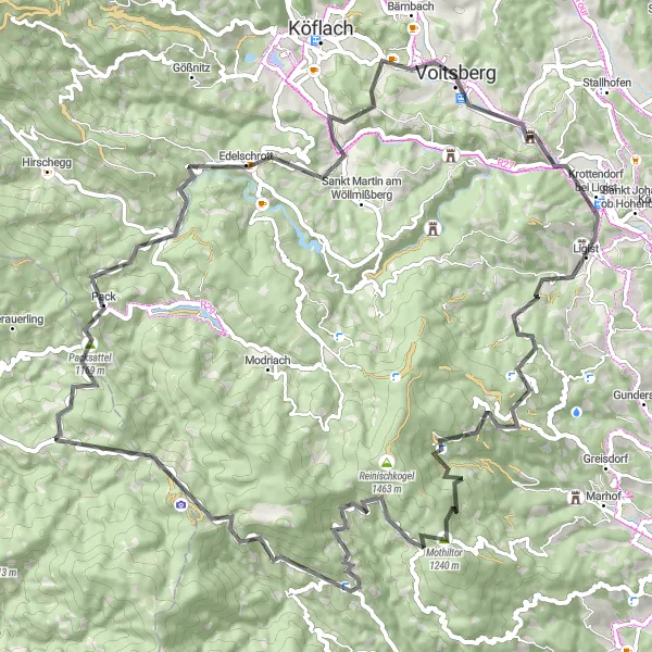 Miniature de la carte de l'inspiration cycliste "Les collines et vallées de Styrie" dans la Steiermark, Austria. Générée par le planificateur d'itinéraire cycliste Tarmacs.app