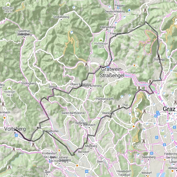 Zemljevid v pomanjšavi "Kolesarska pot Ruppbauernhöhe - Burgruine Obervoitsberg" kolesarske inspiracije v Steiermark, Austria. Generirano z načrtovalcem kolesarskih poti Tarmacs.app