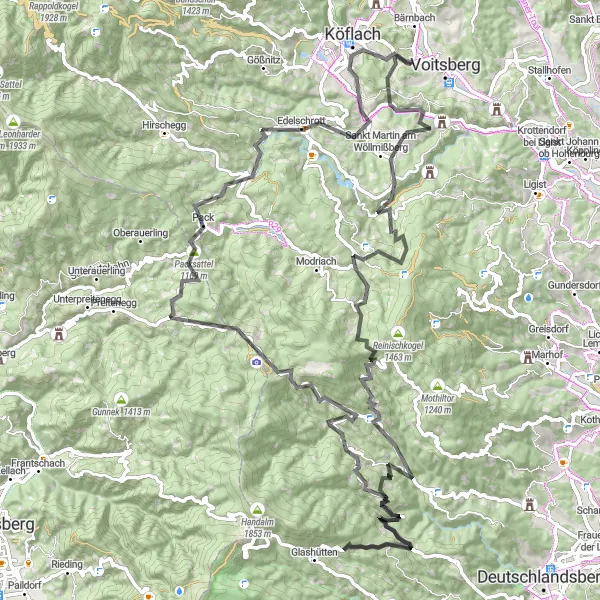 Karttaminiaatyyri "Rosental an der Kainach – Pack – Packsattel – Köflach" pyöräilyinspiraatiosta alueella Steiermark, Austria. Luotu Tarmacs.app pyöräilyreittisuunnittelijalla