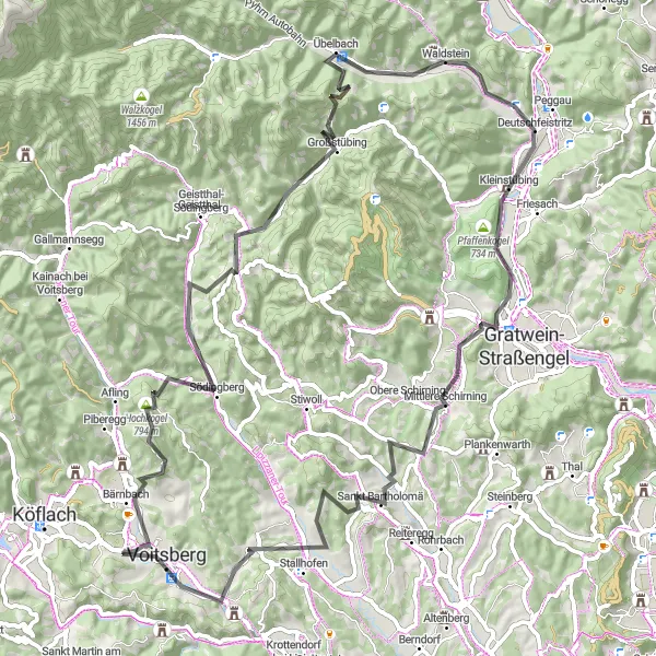 Miniatura della mappa di ispirazione al ciclismo "Giro in bicicletta attraverso Schrapfberg e Deutschfeistritz" nella regione di Steiermark, Austria. Generata da Tarmacs.app, pianificatore di rotte ciclistiche
