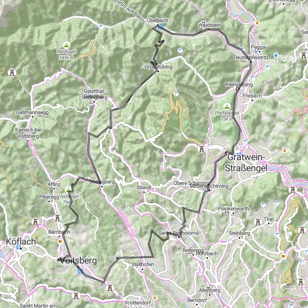 Karttaminiaatyyri "Rosental an der Kainach - Großstübing - Sankt Oswald bei Plankenwarth - Ruppbauernhöhe - Rosental an der Kainach" pyöräilyinspiraatiosta alueella Steiermark, Austria. Luotu Tarmacs.app pyöräilyreittisuunnittelijalla