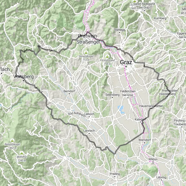 Miniatua del mapa de inspiración ciclista "Gran Ruta de Ciclismo por Carretera con Vistas Panorámicas" en Steiermark, Austria. Generado por Tarmacs.app planificador de rutas ciclistas