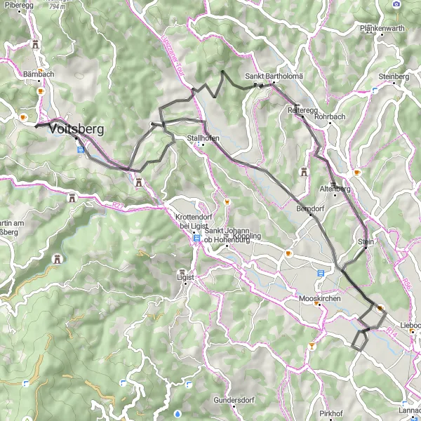 Miniatua del mapa de inspiración ciclista "Ruta de Ciclismo por Carretera hacia Schloss Söding" en Steiermark, Austria. Generado por Tarmacs.app planificador de rutas ciclistas