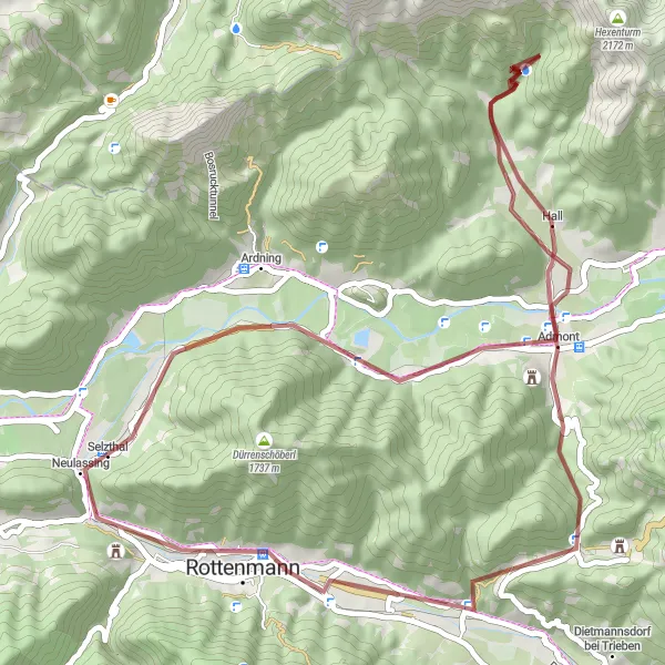 Miniature de la carte de l'inspiration cycliste "Aventure autour de Röthelstein" dans la Steiermark, Austria. Générée par le planificateur d'itinéraire cycliste Tarmacs.app