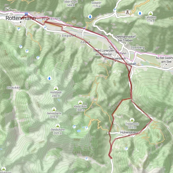 Miniatura della mappa di ispirazione al ciclismo "Viaggio in bicicletta attraverso Hohentauern e Trieben" nella regione di Steiermark, Austria. Generata da Tarmacs.app, pianificatore di rotte ciclistiche