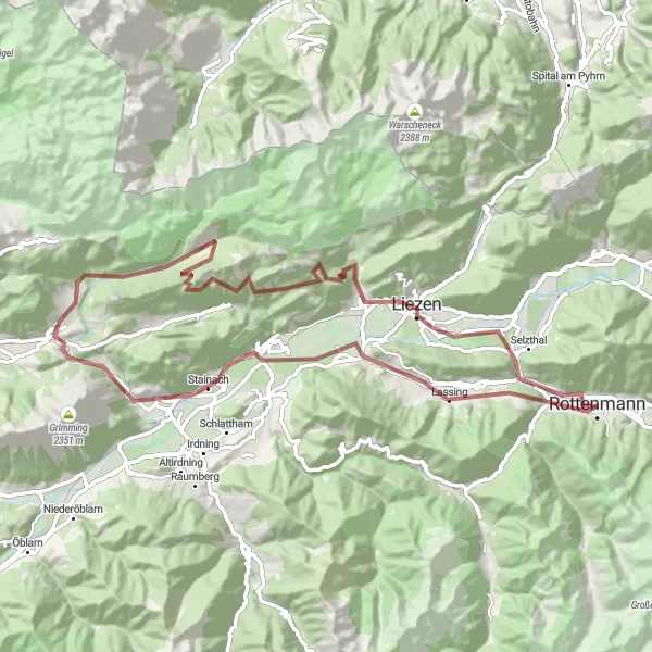 Miniatua del mapa de inspiración ciclista "Aventura off-road en las montañas de Steiermark" en Steiermark, Austria. Generado por Tarmacs.app planificador de rutas ciclistas
