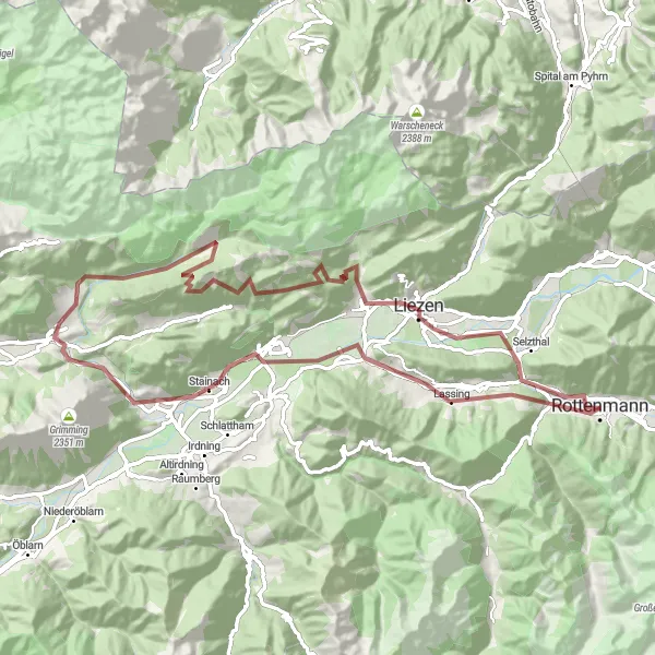 Karttaminiaatyyri "Jännittävä Gravel-seikkailu läpi Steiermarkin" pyöräilyinspiraatiosta alueella Steiermark, Austria. Luotu Tarmacs.app pyöräilyreittisuunnittelijalla