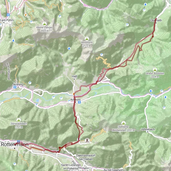 Kartminiatyr av "Grusvei sykling fra Rottenmann" sykkelinspirasjon i Steiermark, Austria. Generert av Tarmacs.app sykkelrutoplanlegger