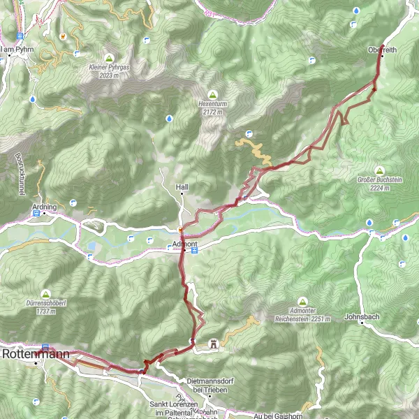 Karttaminiaatyyri "Gesäuse National Park Gravel Adventure" pyöräilyinspiraatiosta alueella Steiermark, Austria. Luotu Tarmacs.app pyöräilyreittisuunnittelijalla