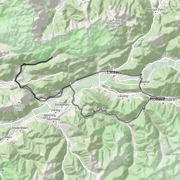 Miniatua del mapa de inspiración ciclista "Desafío en las colinas de Steiermark" en Steiermark, Austria. Generado por Tarmacs.app planificador de rutas ciclistas
