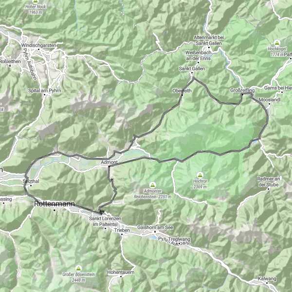 Mapa miniatúra "Rottenmann - Admont - Rottenmann" cyklistická inšpirácia v Steiermark, Austria. Vygenerované cyklistickým plánovačom trás Tarmacs.app