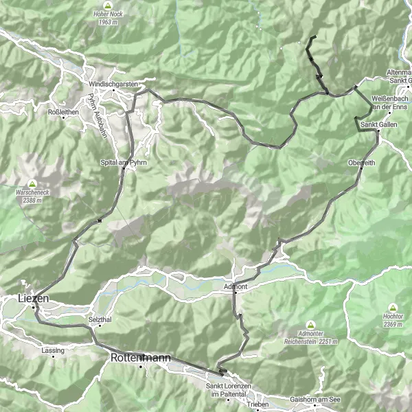 Miniatura della mappa di ispirazione al ciclismo "Avventuroso percorso ciclabile da Rottenmann a Spital am Pyhrn" nella regione di Steiermark, Austria. Generata da Tarmacs.app, pianificatore di rotte ciclistiche