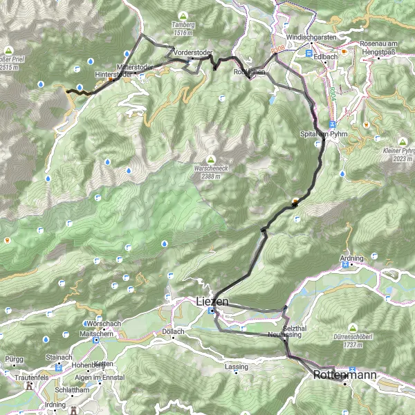 Zemljevid v pomanjšavi "Ciklus skozi Spital am Pyhrn" kolesarske inspiracije v Steiermark, Austria. Generirano z načrtovalcem kolesarskih poti Tarmacs.app
