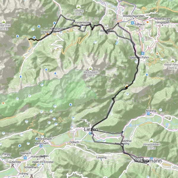 Karttaminiaatyyri "Haastava pyöräretki Steiermarkin maaseudulla" pyöräilyinspiraatiosta alueella Steiermark, Austria. Luotu Tarmacs.app pyöräilyreittisuunnittelijalla