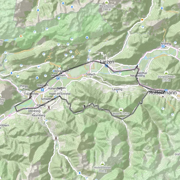 Miniatura della mappa di ispirazione al ciclismo "Giro in bici stradale da Rottenmann a Sonnwendberg" nella regione di Steiermark, Austria. Generata da Tarmacs.app, pianificatore di rotte ciclistiche