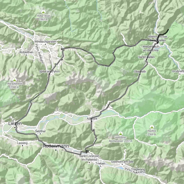 Miniaturní mapa "Alpská výzva" inspirace pro cyklisty v oblasti Steiermark, Austria. Vytvořeno pomocí plánovače tras Tarmacs.app