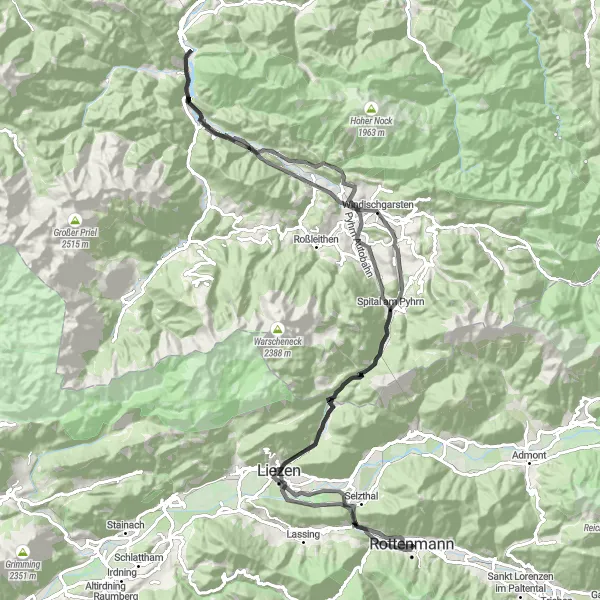 Miniatua del mapa de inspiración ciclista "Aventura en carretera desde Rottenmann a Spital Egger" en Steiermark, Austria. Generado por Tarmacs.app planificador de rutas ciclistas