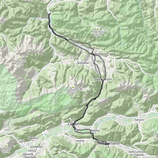 Miniaturekort af cykelinspirationen "Høje bjerge og smuk natur" i Steiermark, Austria. Genereret af Tarmacs.app cykelruteplanlægger