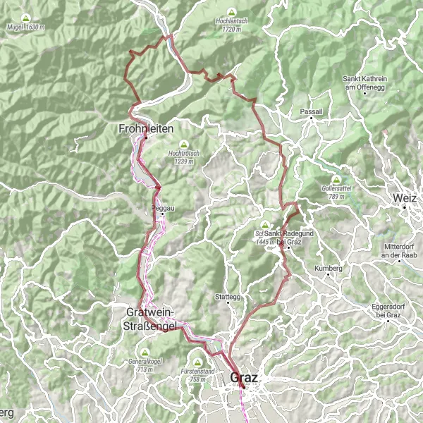 Zemljevid v pomanjšavi "Grajska avantura" kolesarske inspiracije v Steiermark, Austria. Generirano z načrtovalcem kolesarskih poti Tarmacs.app