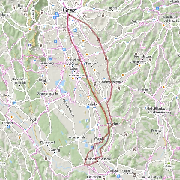 Miniatura della mappa di ispirazione al ciclismo "Tour di cicloturismo tra Werndorf e Sankt Leonhard" nella regione di Steiermark, Austria. Generata da Tarmacs.app, pianificatore di rotte ciclistiche