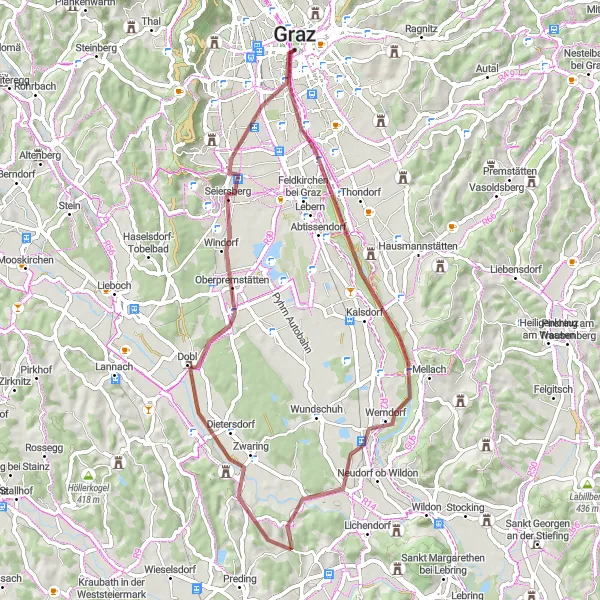 Miniatura della mappa di ispirazione al ciclismo "La Rotta del Gravel di Sankt Leonhard" nella regione di Steiermark, Austria. Generata da Tarmacs.app, pianificatore di rotte ciclistiche