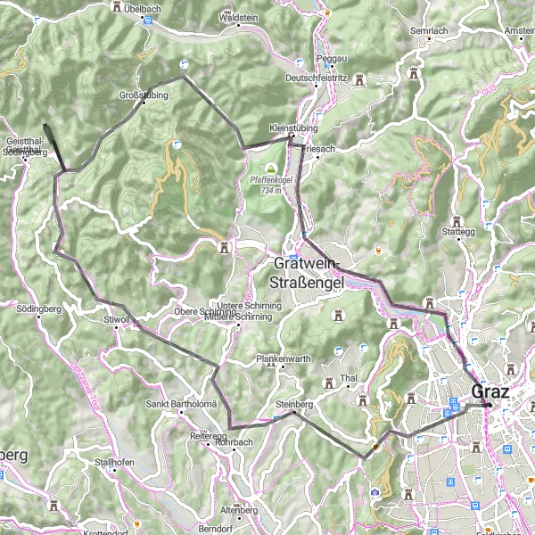 Karttaminiaatyyri "Pyöräilyreitti Sankt Leonhardin ympäristössä" pyöräilyinspiraatiosta alueella Steiermark, Austria. Luotu Tarmacs.app pyöräilyreittisuunnittelijalla