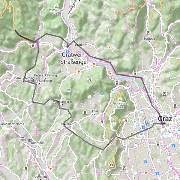 Zemljevid v pomanjšavi "Pot okoli Graza" kolesarske inspiracije v Steiermark, Austria. Generirano z načrtovalcem kolesarskih poti Tarmacs.app