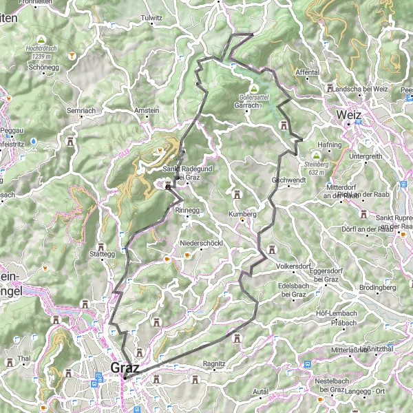 Map miniature of "Sankt Leonhard and its Historical Landmarks" cycling inspiration in Steiermark, Austria. Generated by Tarmacs.app cycling route planner