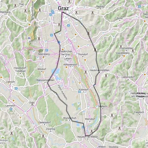 Miniature de la carte de l'inspiration cycliste "Parcours à travers les collines de Graz" dans la Steiermark, Austria. Générée par le planificateur d'itinéraire cycliste Tarmacs.app