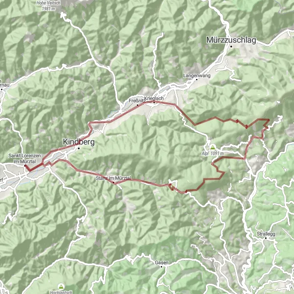 Miniatua del mapa de inspiración ciclista "Ruta de grava alrededor de Sankt Lorenzen" en Steiermark, Austria. Generado por Tarmacs.app planificador de rutas ciclistas