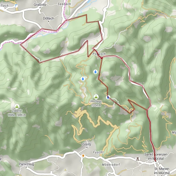 Zemljevid v pomanjšavi "Fuchsegg - Holzknechthüttn - Großmühlberg - Pogusch Gravel Loop" kolesarske inspiracije v Steiermark, Austria. Generirano z načrtovalcem kolesarskih poti Tarmacs.app