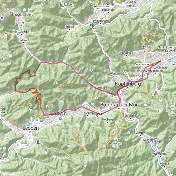 Map miniature of "Cultural Gravel Adventure in Mürztal Valley" cycling inspiration in Steiermark, Austria. Generated by Tarmacs.app cycling route planner